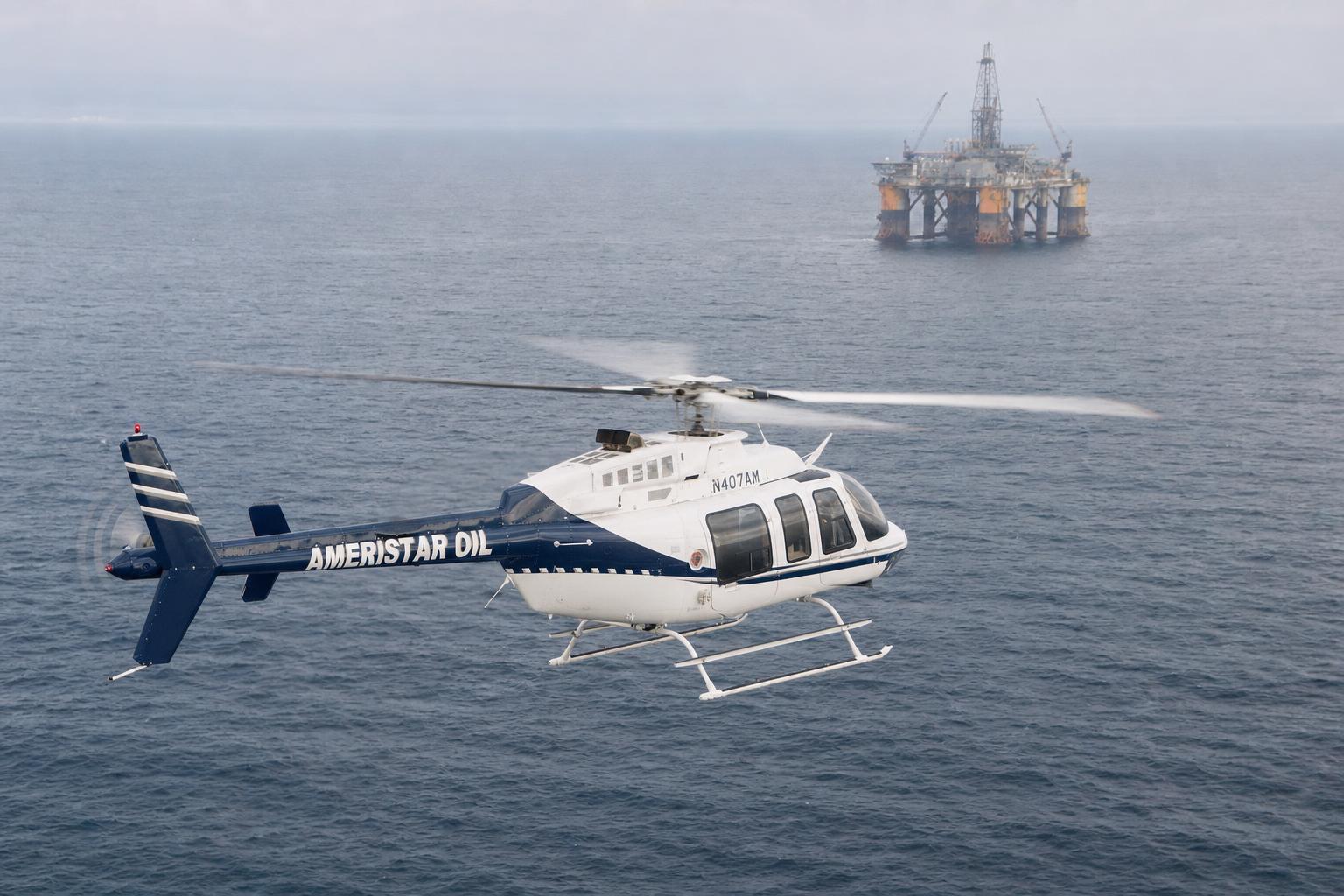 Ameristar Oil branded Bell helicopter approaching a platform